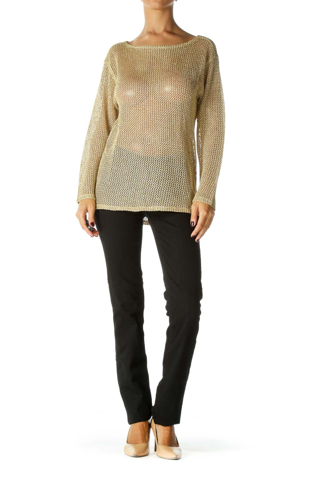 Gold Round Neck 3/4 Sleeve See Through Knit Top