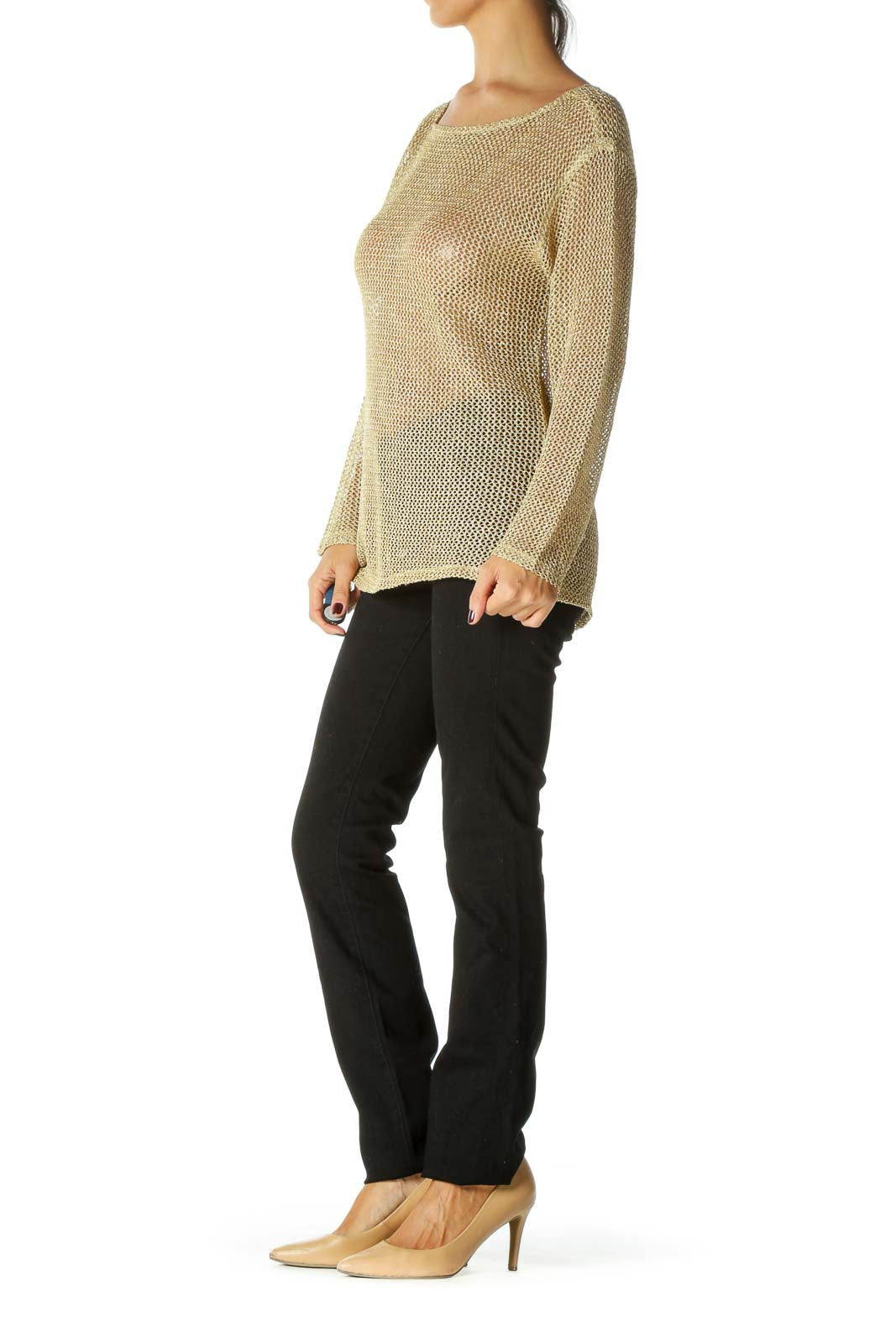 Gold Round Neck 3/4 Sleeve See Through Knit Top