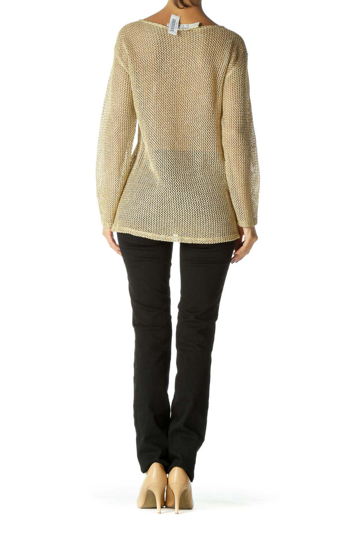 Gold Round Neck 3/4 Sleeve See Through Knit Top