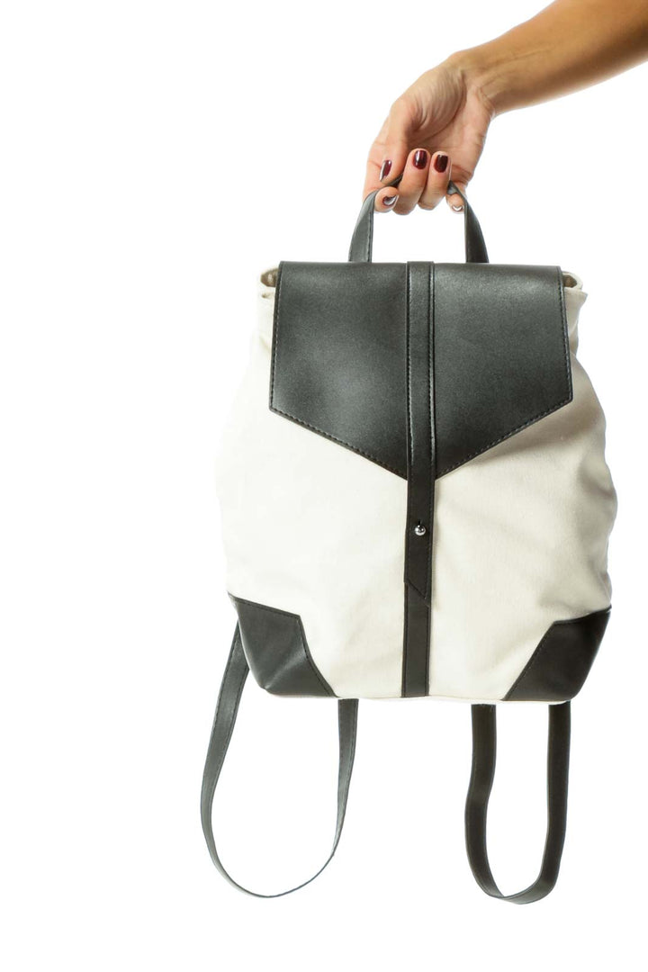 Cream Black Vegan Leather and Knit Material Backpack