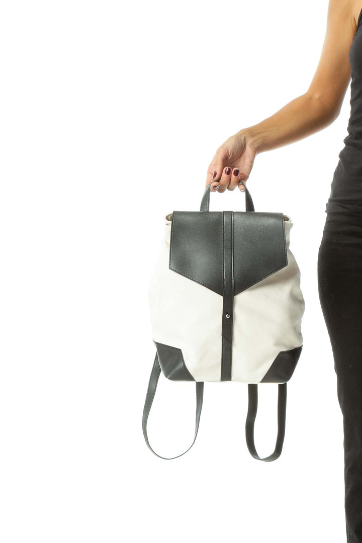 Cream Black Vegan Leather and Knit Material Backpack