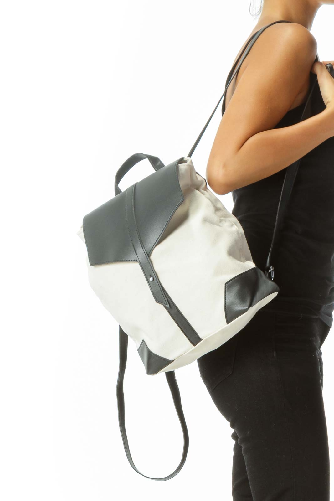 Cream Black Vegan Leather and Knit Material Backpack