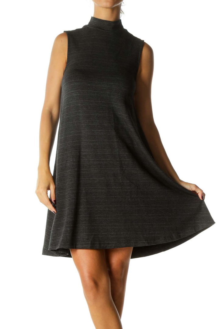 Black Gray Striped High Neck Sleeveless Flared Stretch Dress