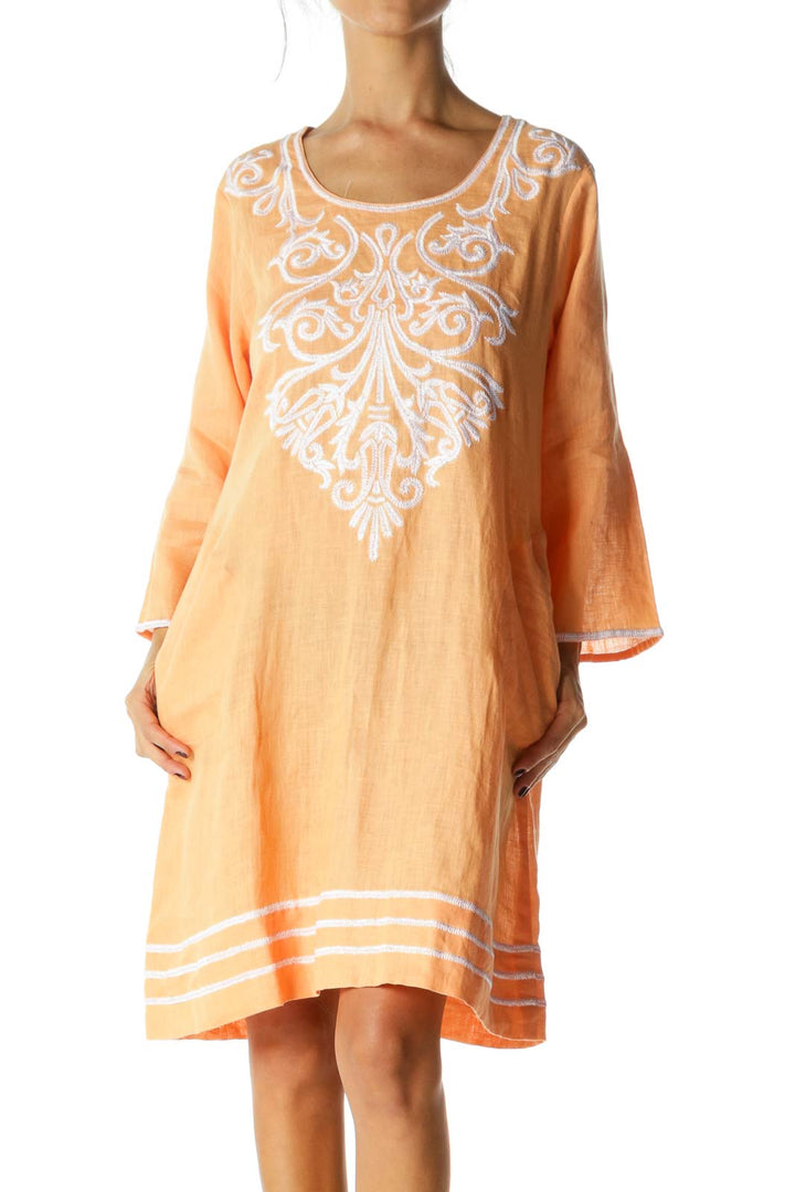 Orange Round Neck Embroidered Long Sleeve Day Dress