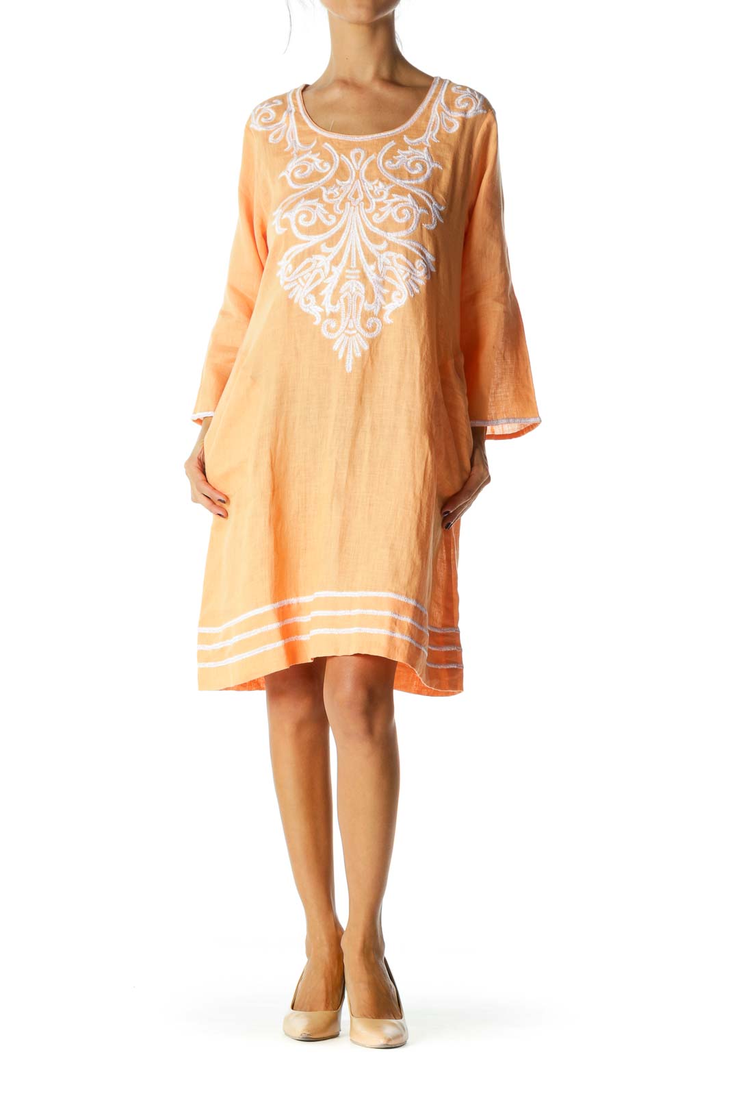 Orange Round Neck Embroidered Long Sleeve Day Dress