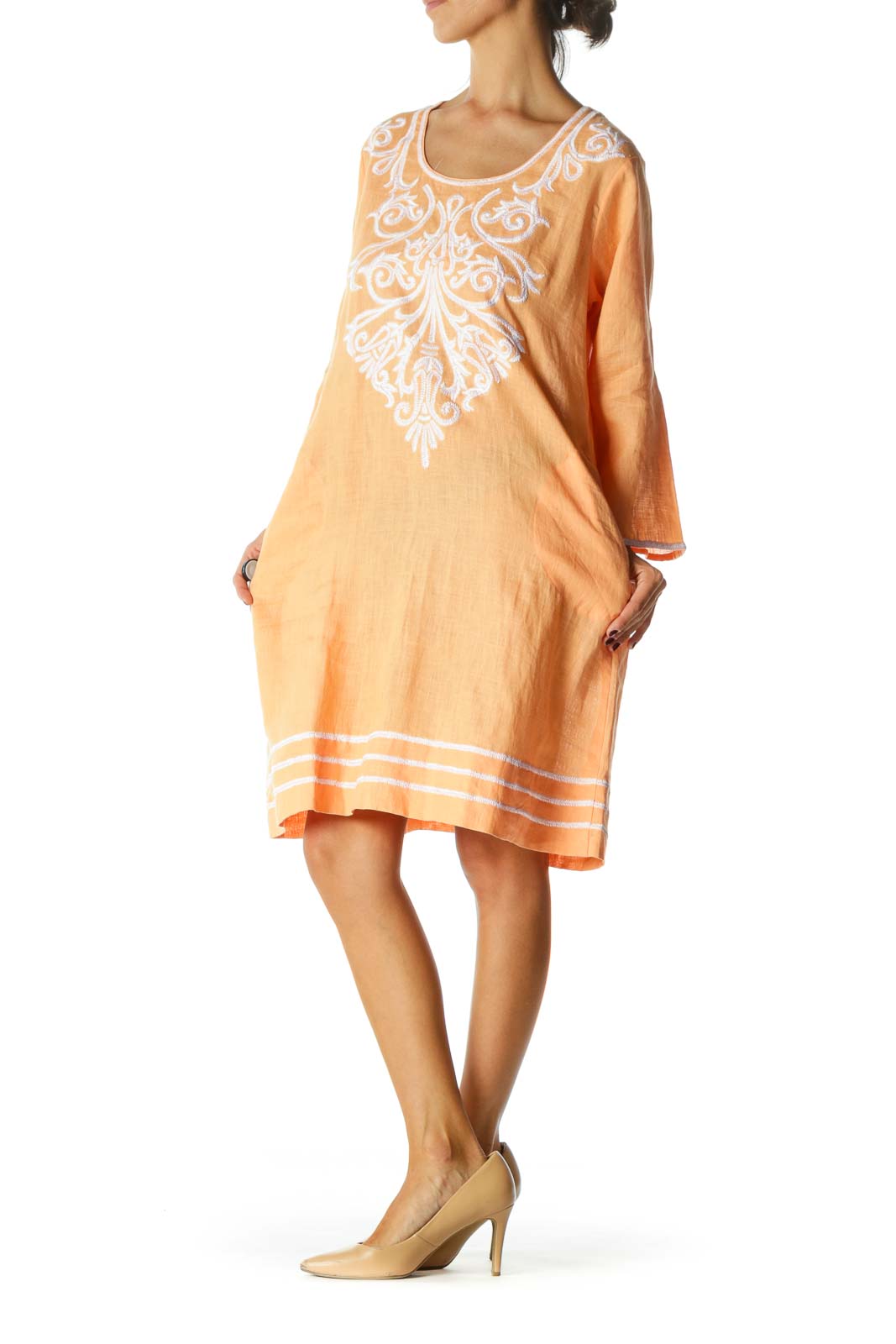 Orange Round Neck Embroidered Long Sleeve Day Dress