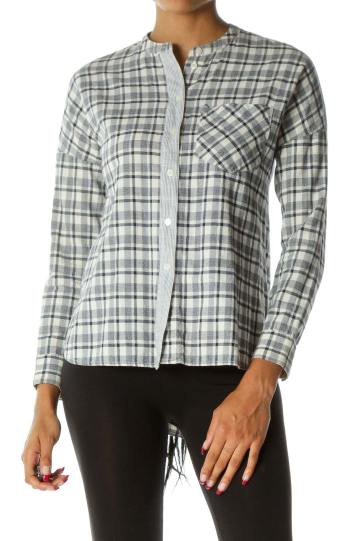 Blue Cream Plaid Buttoned Pocketed Long Sleeve Textured Shirt