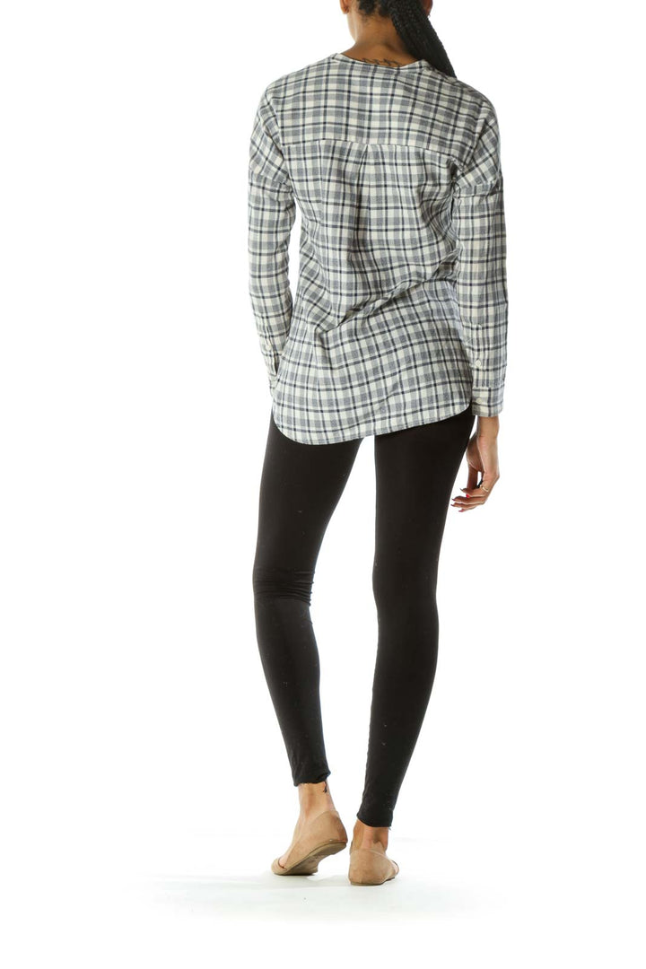 Blue Cream Plaid Buttoned Pocketed Long Sleeve Textured Shirt