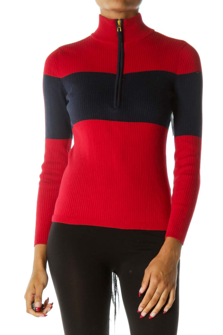 Blue Red 100% Cotton Zipper Long Sleeve Pull On Stretch Sweater