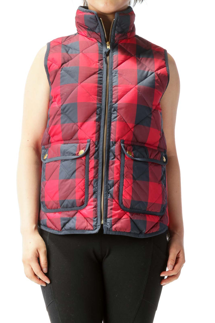 Navy Blue Red Checkered Quilted Pocketed Vest