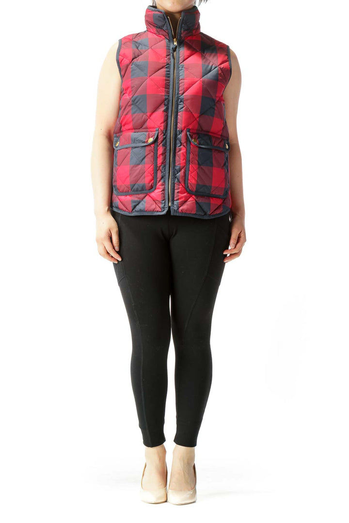 Navy Blue Red Checkered Quilted Pocketed Vest