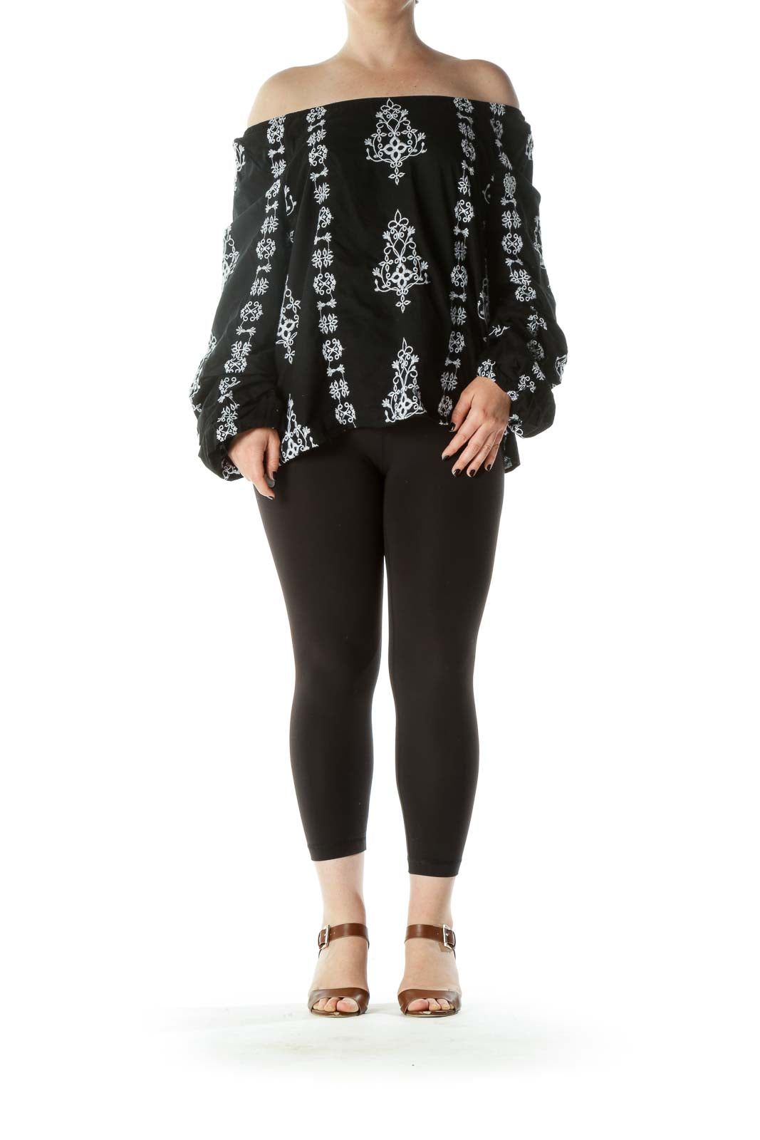 Black & White Embroidered Off-The-Shoulder Blouse with Peasant Sleeve