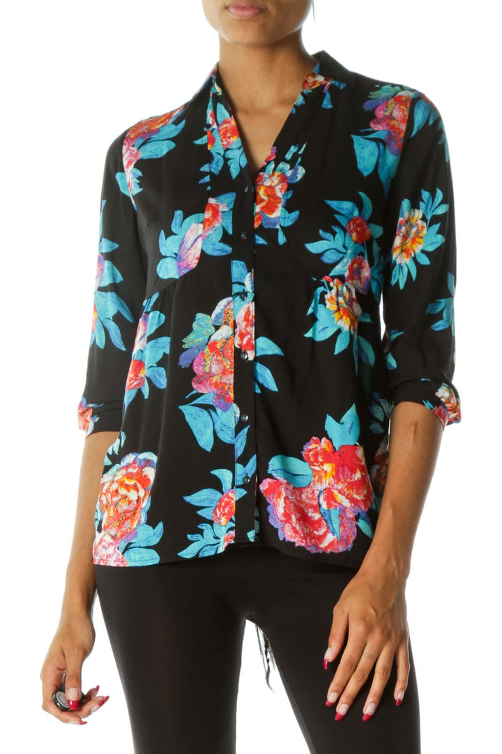 Black Blue & Orange Floral Short-Sleeve Button-Down Blouse