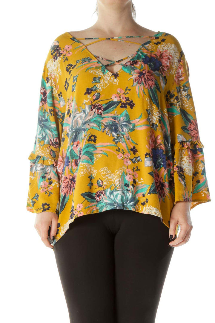 Mustard Pink & Green Floral-Print Cross-Front Ruffled Bell-Sleeve Blouse