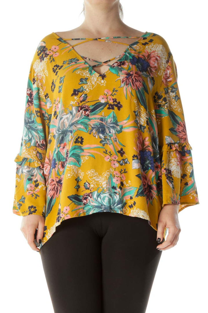 Mustard Pink & Green Floral-Print Cross-Front Ruffled Bell-Sleeve Blouse