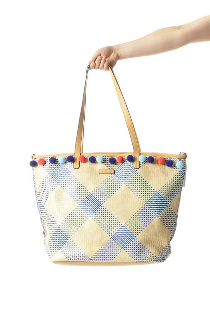 Nude Blue White Weave Pom-Poms Two-Straps Beach Tote