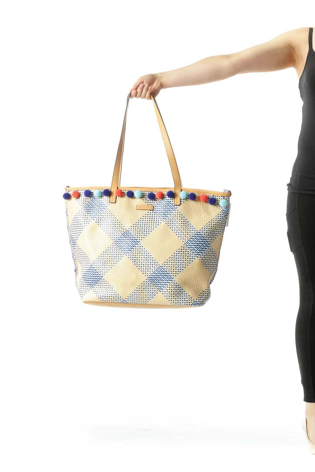 Nude Blue White Weave Pom-Poms Two-Straps Beach Tote