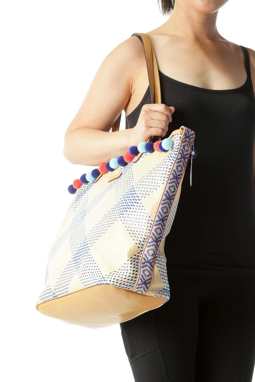 Nude Blue White Weave Pom-Poms Two-Straps Beach Tote