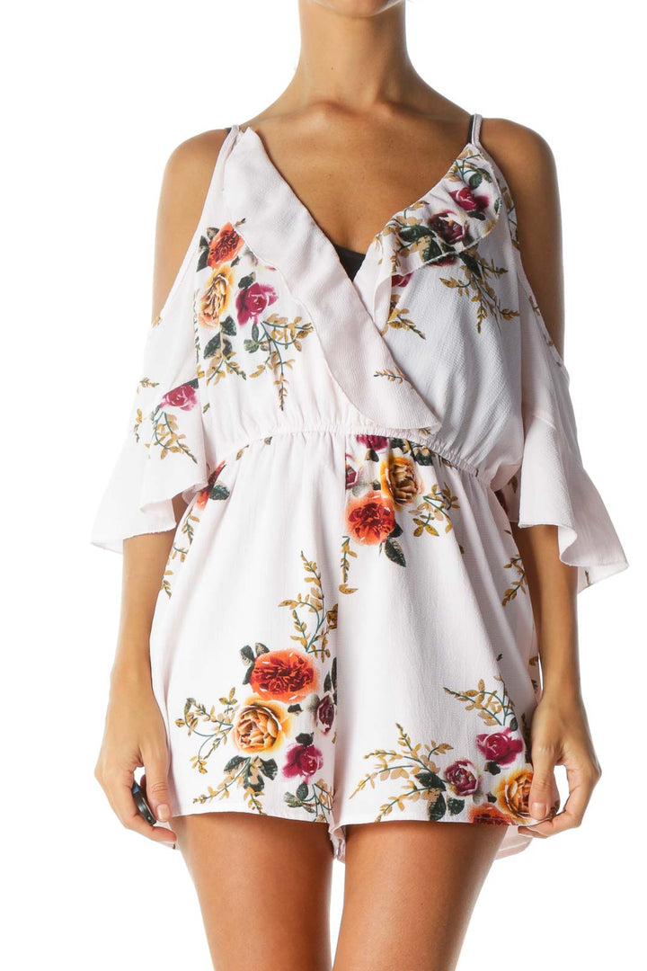 Pink Floral  Open Shoulder Ruffle Romper