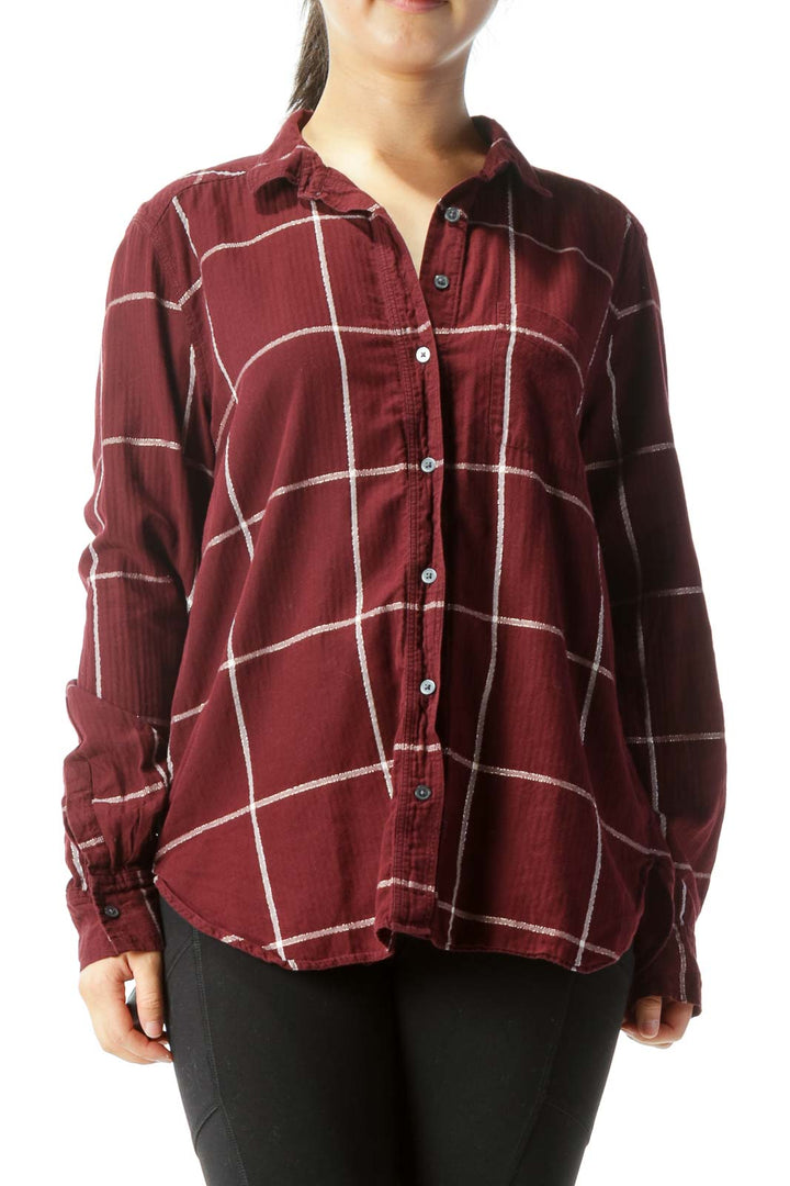 Burgundy and White Plaid Long-Sleeve Button Down