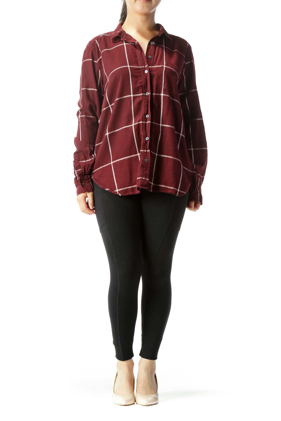 Burgundy and White Plaid Long-Sleeve Button Down