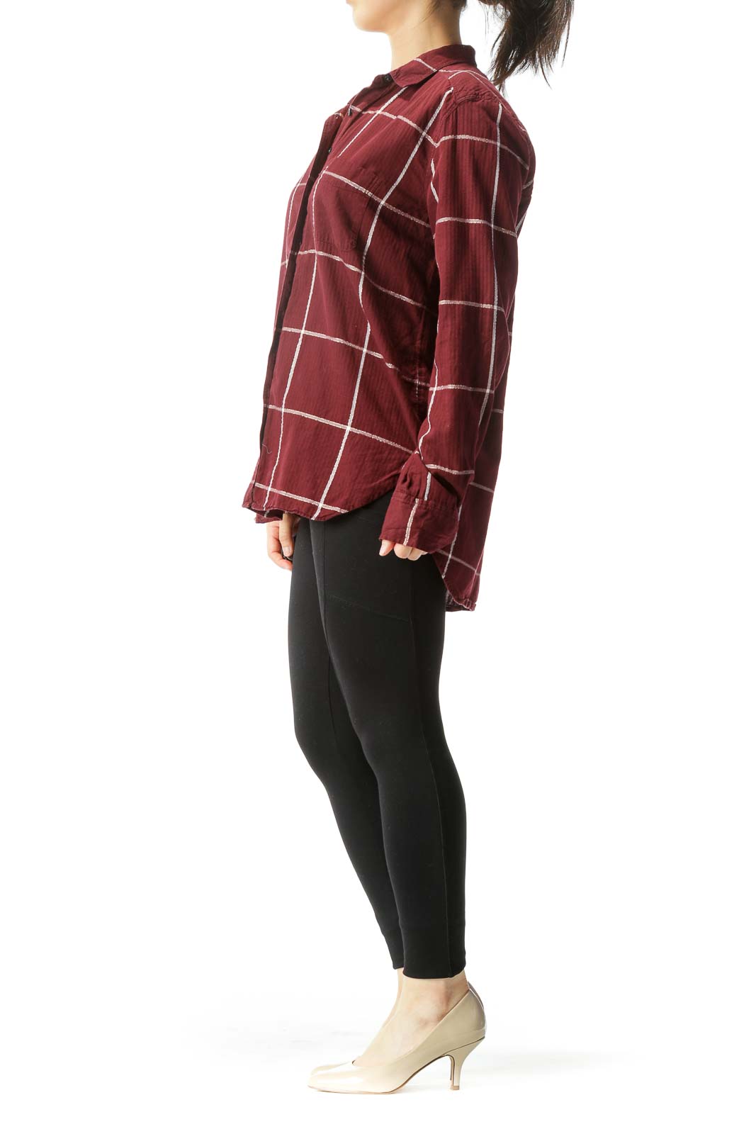 Burgundy and White Plaid Long-Sleeve Button Down