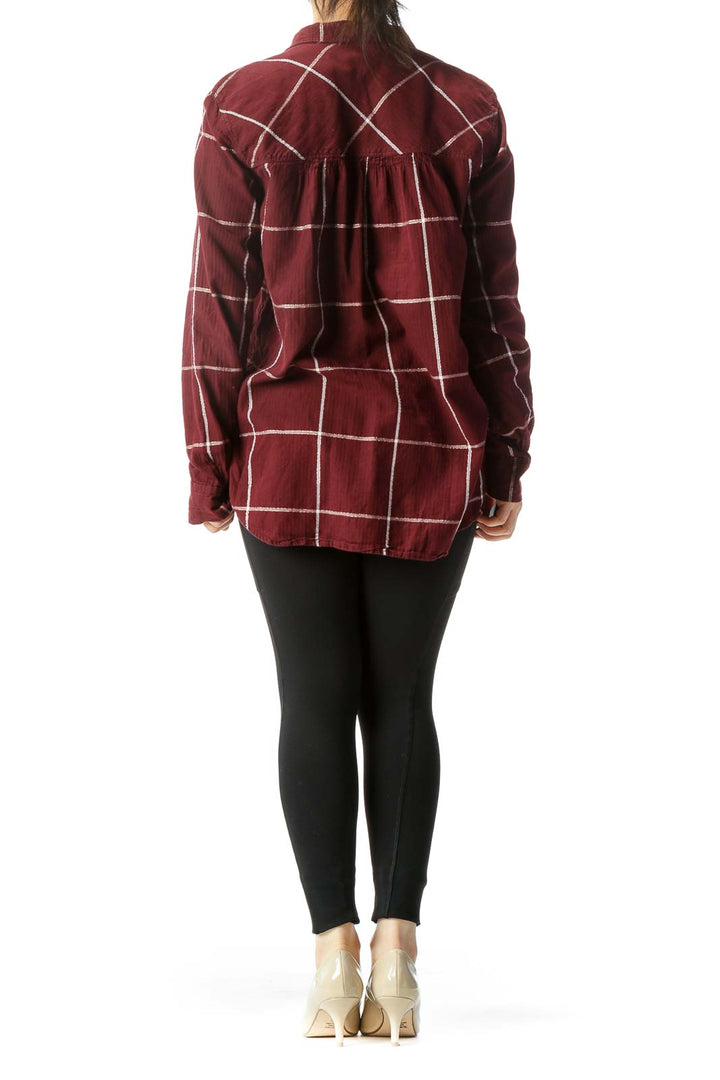 Burgundy and White Plaid Long-Sleeve Button Down