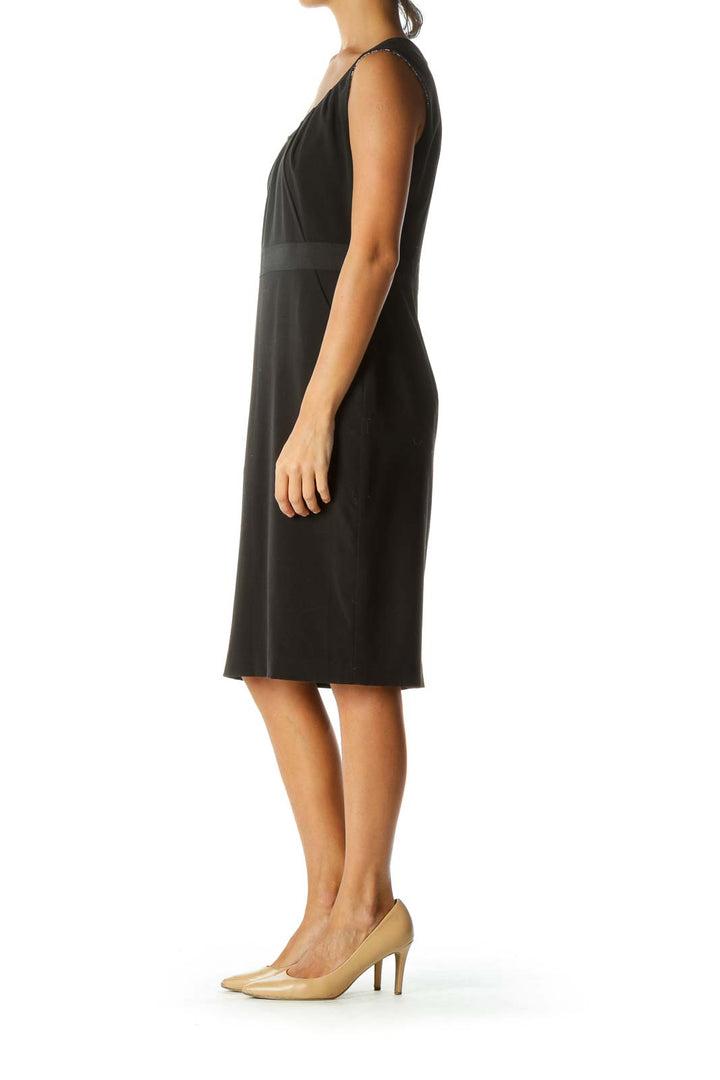 Black Pleated Cinched Waist Pocketed Work Dress