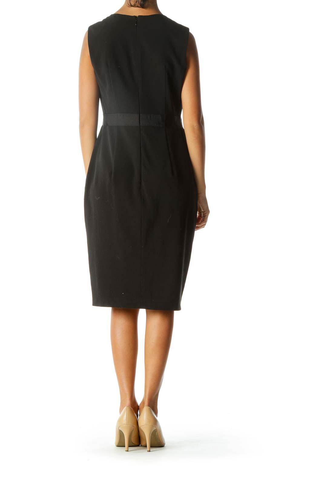 Black Pleated Cinched Waist Pocketed Work Dress