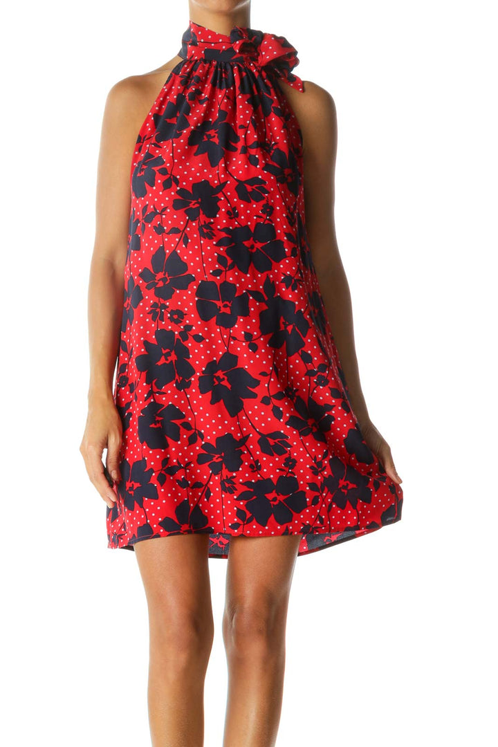 Red Blue Silk Floral Mock Neck Dress