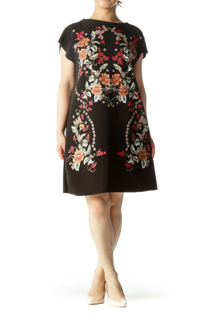 Black Orange Red White Floral Print Cap Sleeves Textured Pull-On Dress