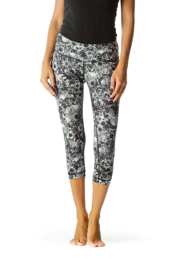 Black and Gray Floral Print Cropped Legging