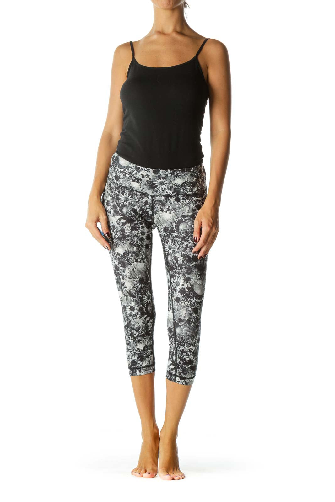 Black and Gray Floral Print Cropped Legging