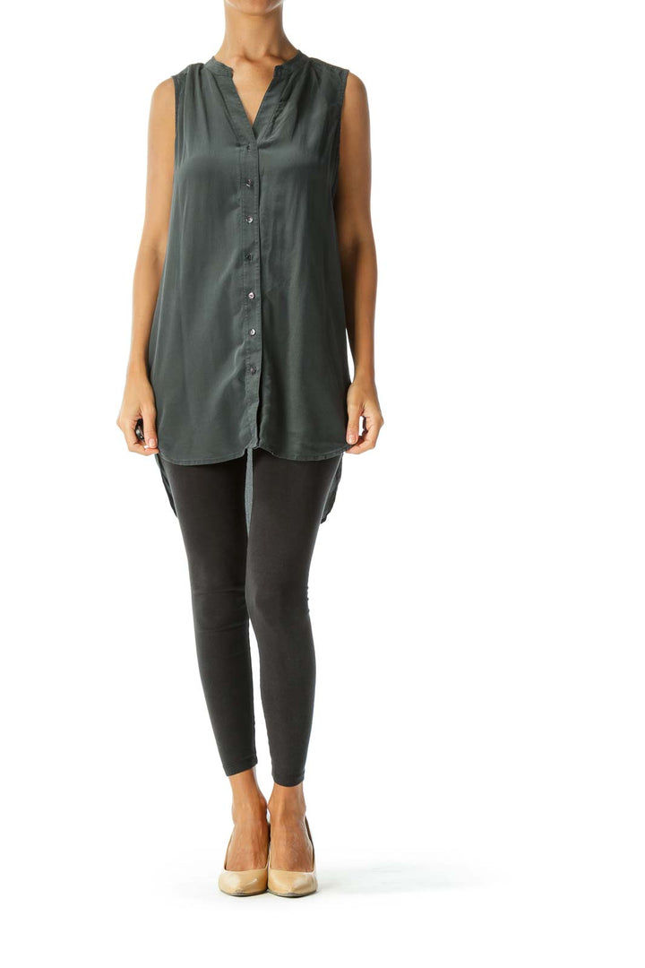 Charcoal Silk Sleeveless Button-Down Blouse