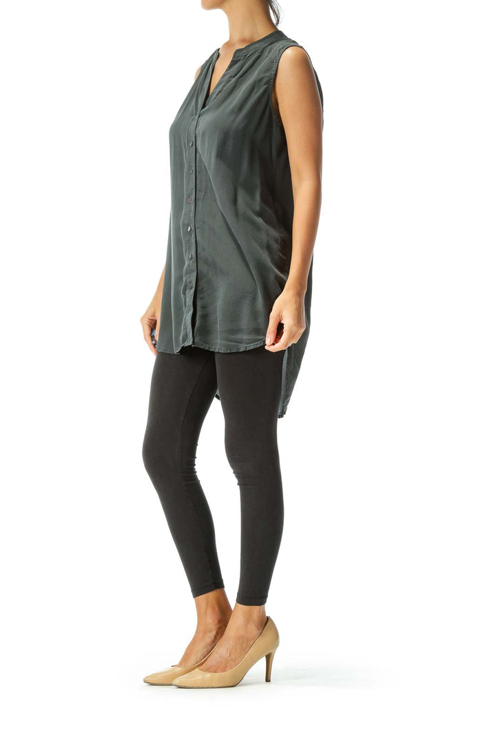 Charcoal Silk Sleeveless Button-Down Blouse