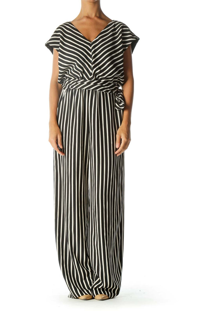 Black White Beige Pinstripe Sleeveless Jumpsuit