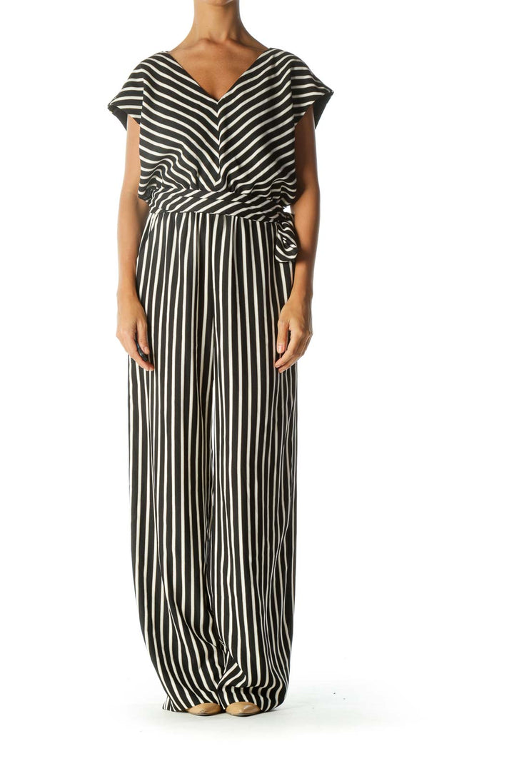 Black White Beige Pinstripe Sleeveless Jumpsuit