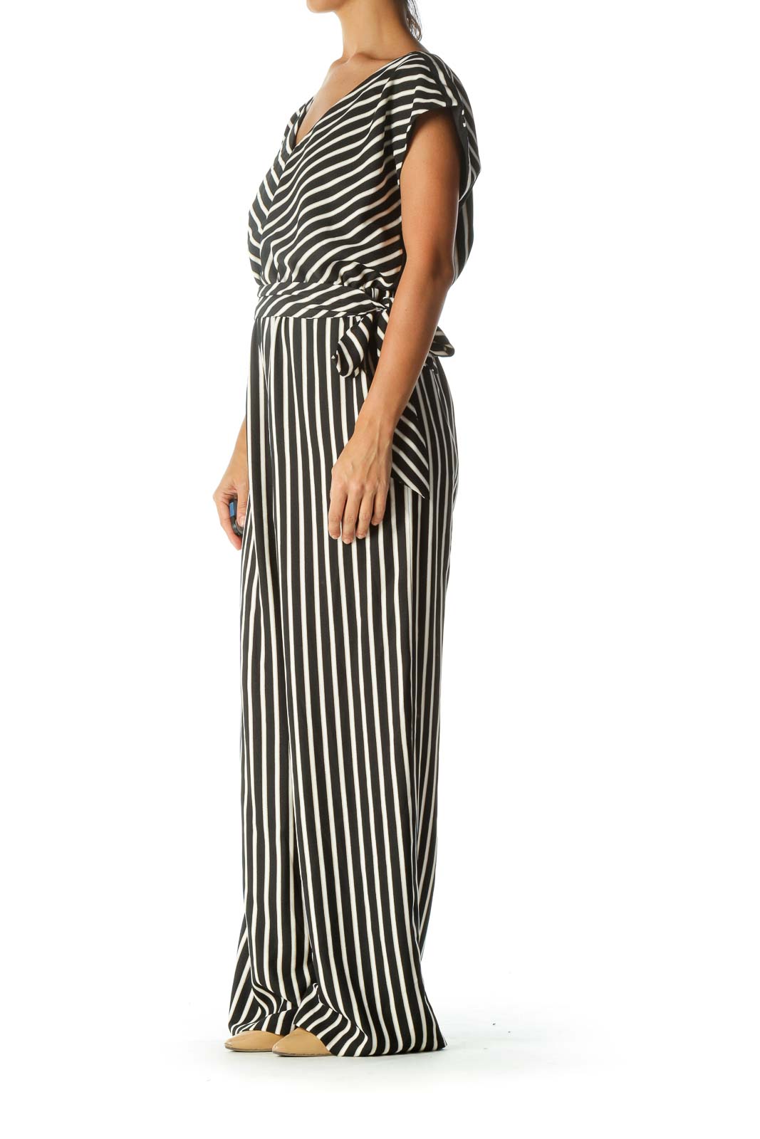 Black White Beige Pinstripe Sleeveless Jumpsuit