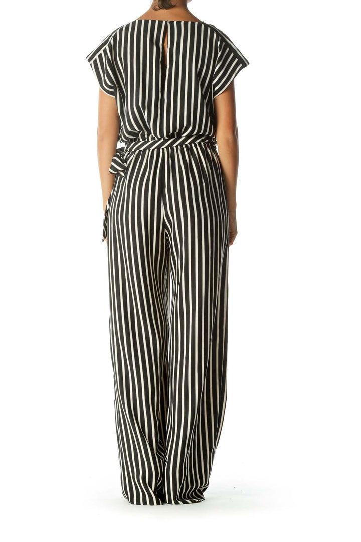 Black White Beige Pinstripe Sleeveless Jumpsuit