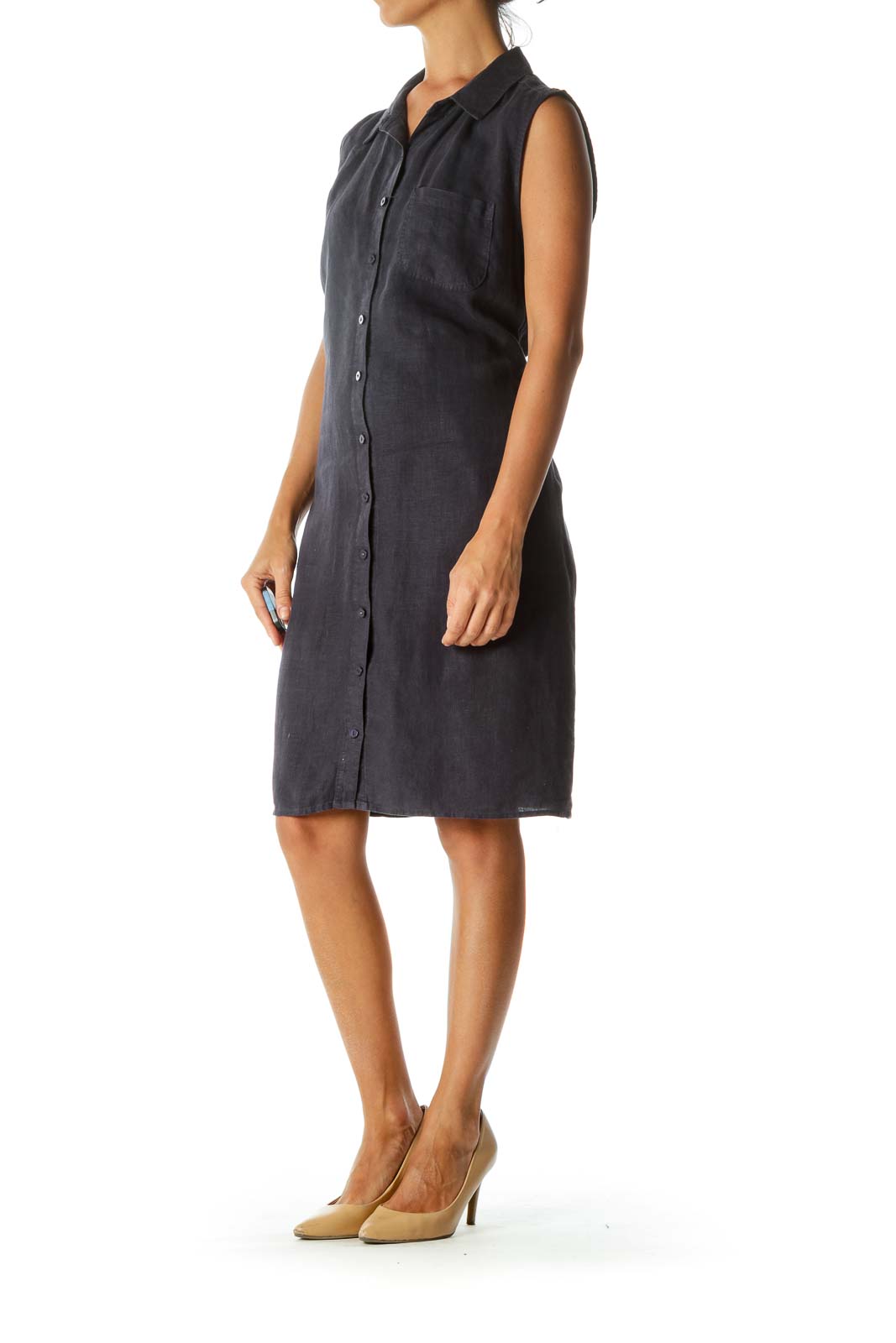 Navy Linen Sleeveless Buttoned Shirt Dress