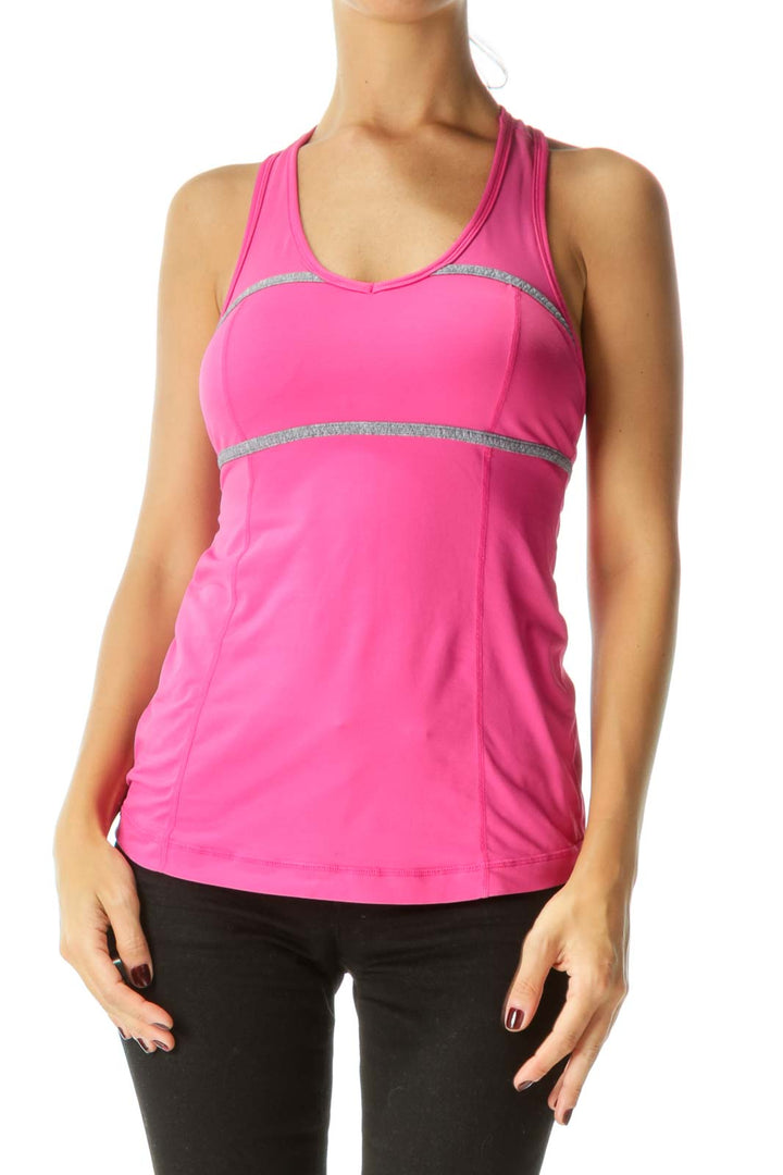 Pink Gray Mesh Racerback Sports Top with Built-In Bra