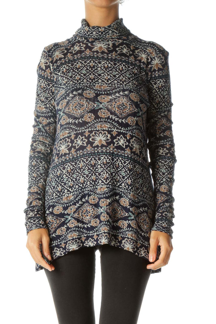 Blue Beige Flower Print Turtleneck