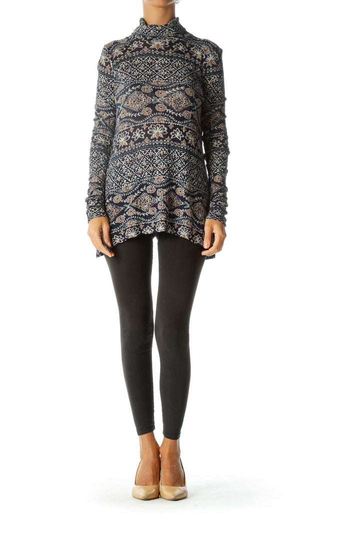 Blue Beige Flower Print Turtleneck