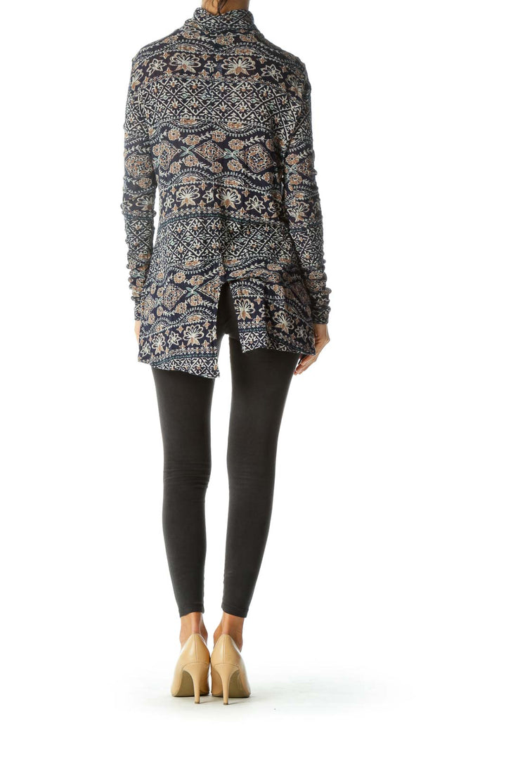 Blue Beige Flower Print Turtleneck