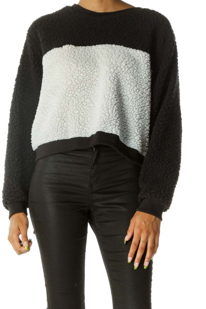 Black Gray Color Block Fluff Long Sleeve Sweater