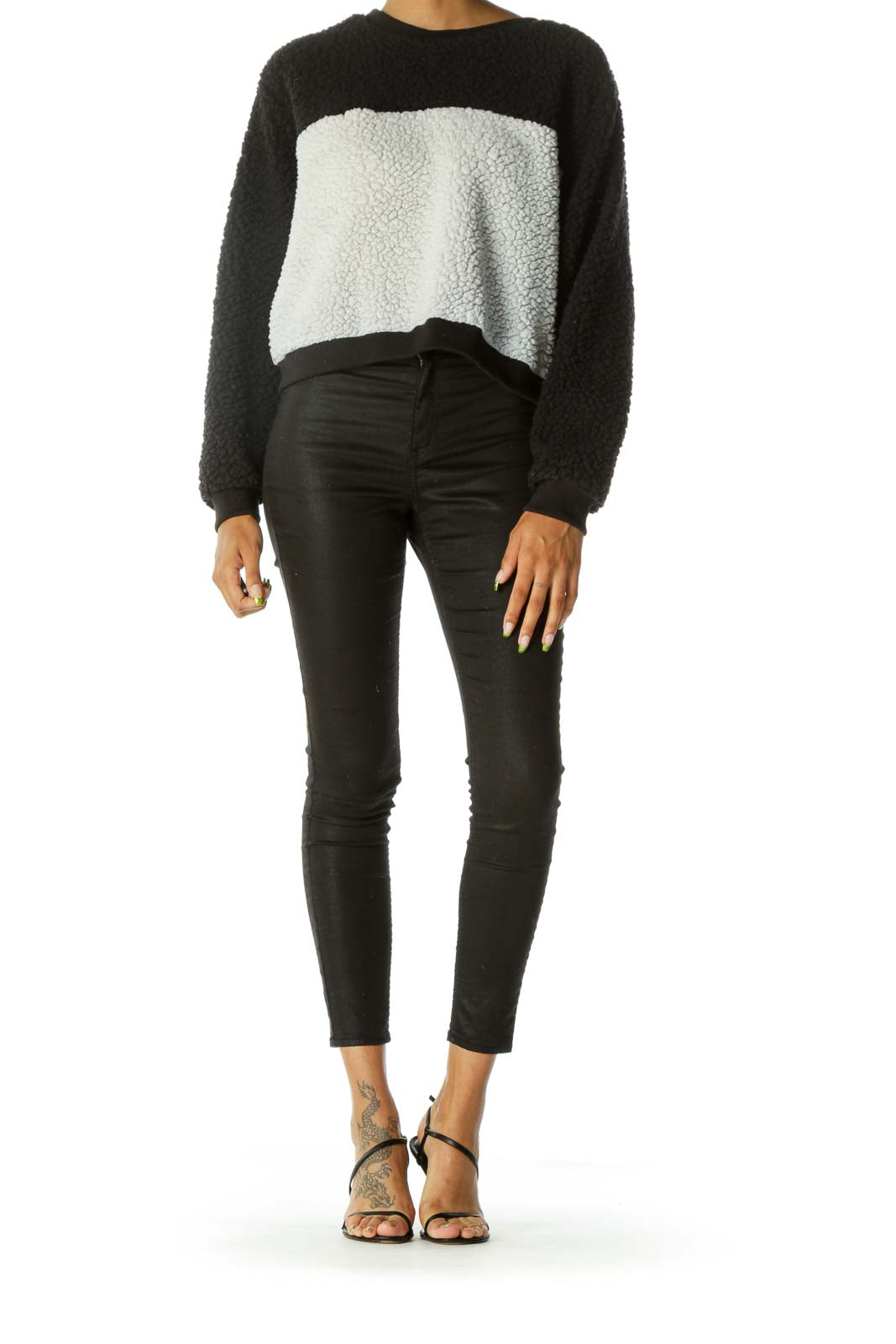 Black Gray Color Block Fluff Long Sleeve Sweater