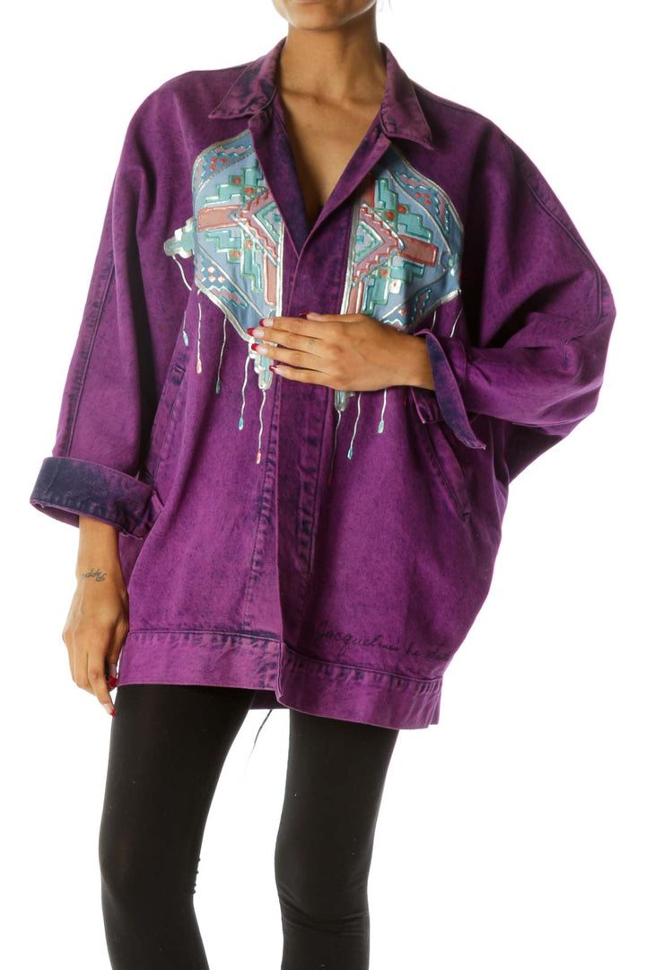 Purple Blue Pink Oversize Front and Back Design Pocketed Vintage Denim Jacket with Signature on Waist