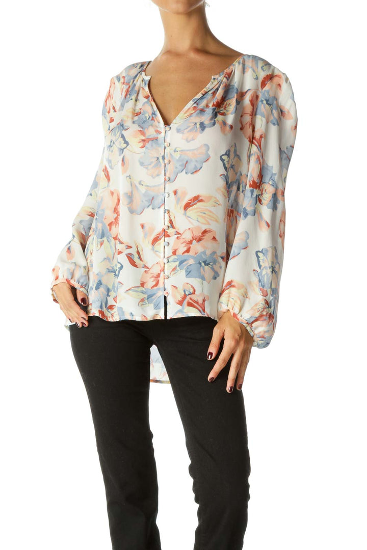 Blue Orange Yellow 100% Silk Floral Print Long Sleeve Blouse