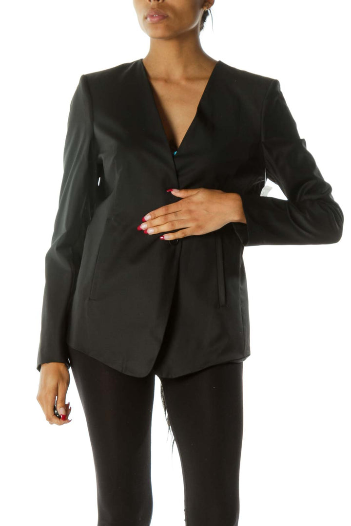 Black V-Neck Padded Shoulders Long Blazer