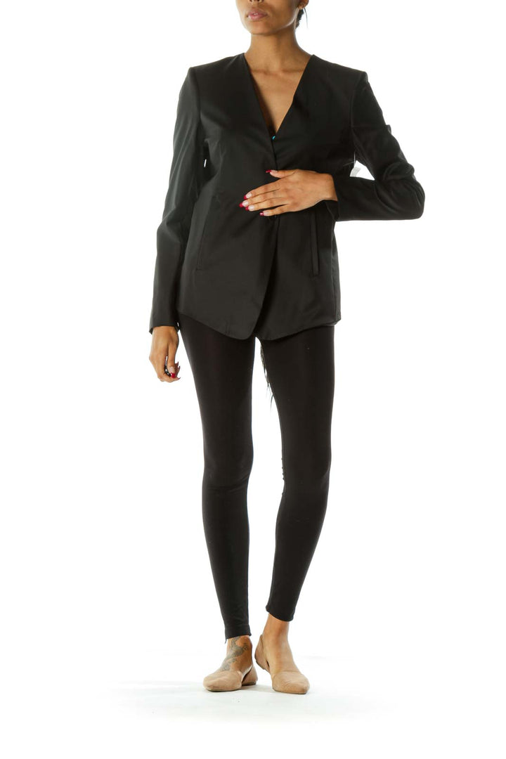 Black V-Neck Padded Shoulders Long Blazer